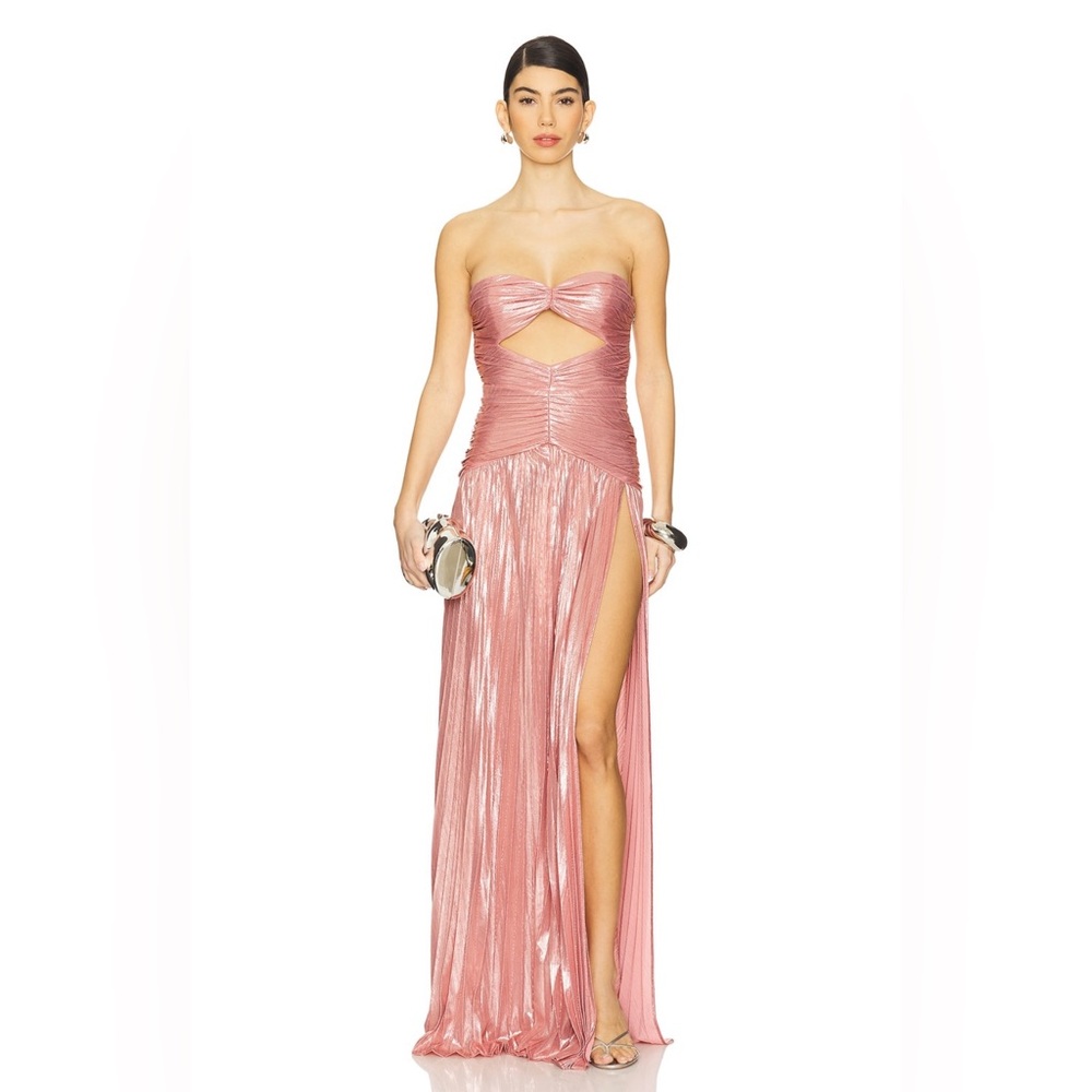 Retrofete Mallory pink shimmer cut out strapless slit gown S wedding guest gala